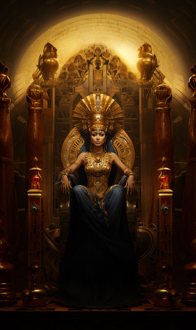 full-scene portrait painting of Egyptian Bune on ornate golden throne - first variation