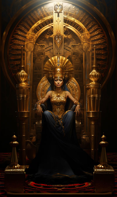 full-scene portrait painting of Egyptian Bune on ornate golden throne - second variation