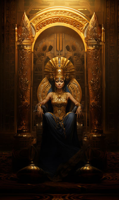 full-scene portrait painting of Egyptian Bune on ornate golden throne - third variation