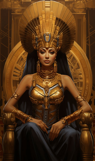 portrait painting of younger Egyptian Bune on golden throne