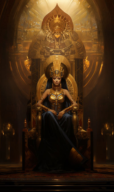 full-scene portrait painting of younger Egyptian Bune on ornate golden throne - first variation