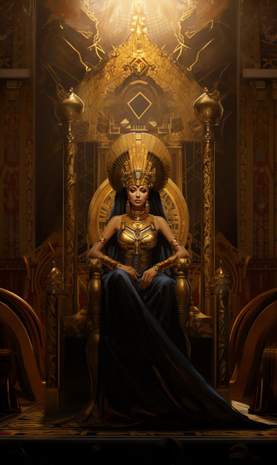 full-scene portrait painting of younger Egyptian Bune on ornate golden throne - second variation
