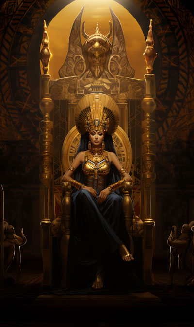 full-scene portrait painting of younger Egyptian Bune on ornate golden throne - third variation
