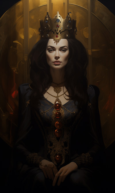 a close up portrait painting of Dark Bune as a European medieval queen sitting on her throne