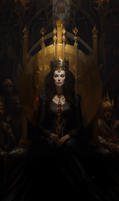 a full scene portrait painting of Dark Bune as a European medieval queen sitting on her throne with second alternate background