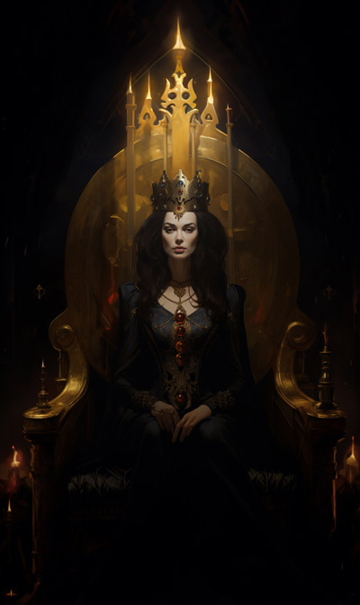 a full scene portrait painting of Dark Bune as a European medieval queen sitting on her throne with third simpler alternate background