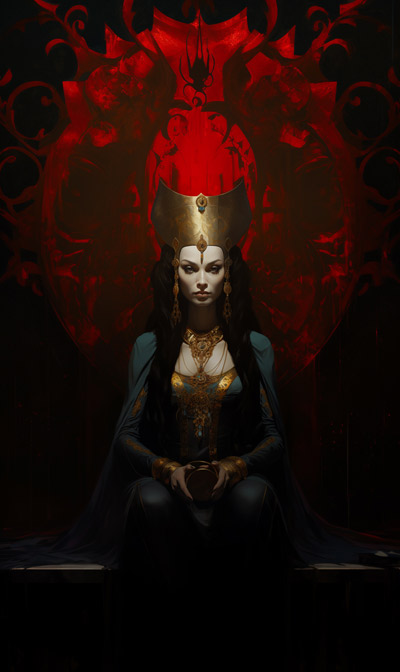 a full scene portrait painting of Dark Bune on her throne in an infernal setting with alternate part-red background