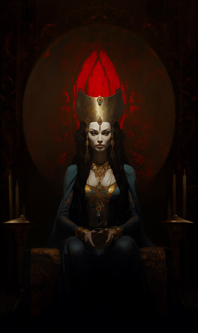a full scene portrait painting of Dark Bune on her throne in an infernal setting with second alternate part-red background
