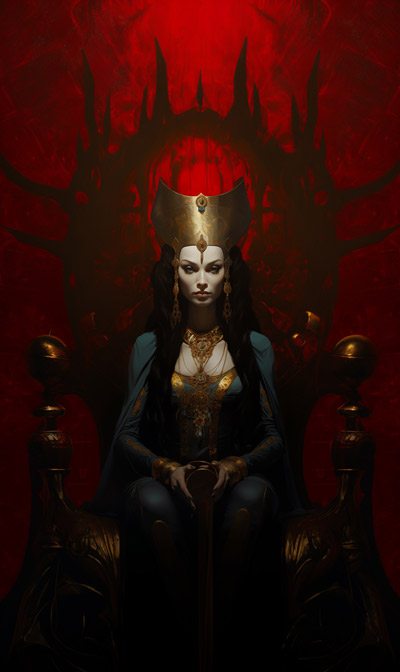 a full scene portrait painting of Dark Bune on her throne in an infernal setting with third alternate full-red background