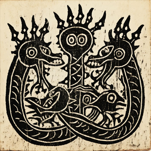 woodcut depiction of bune as three headed dragon