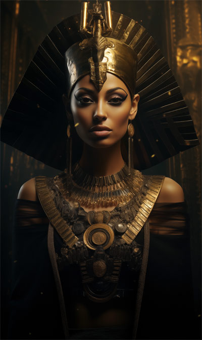 Egyptian Bune wearing ornate egyptian headdress standing in temple