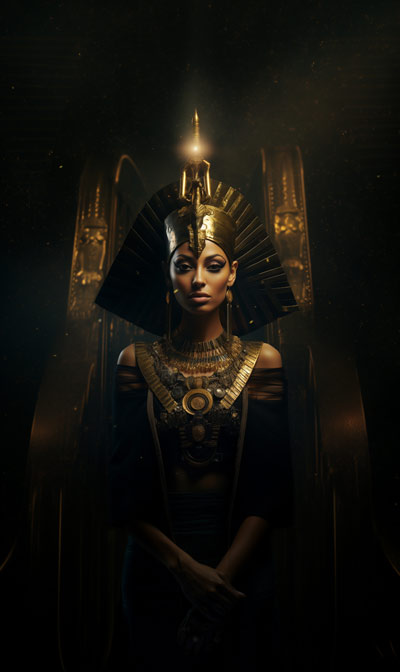 Full-scene portrait of Egyptian Bune wearing ornate egyptian headdress standing in temple - version one