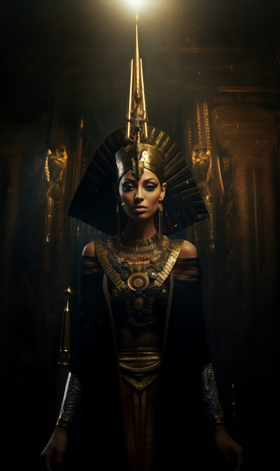 Full-scene portrait of Egyptian Bune wearing ornate egyptian headdress standing in temple - version two