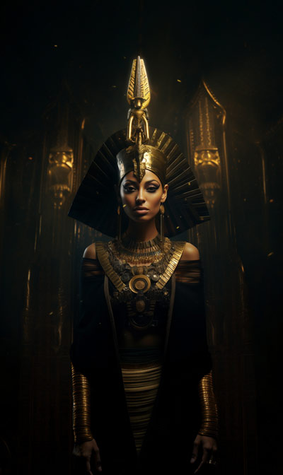 Full-scene portrait of Egyptian Bune wearing ornate egyptian headdress standing in temple - version three