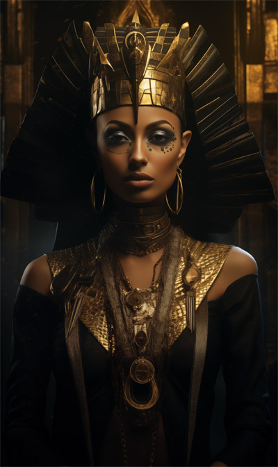 Egyptian Bune wearing ornate egyptian headdress and with face tattoo standing in temple