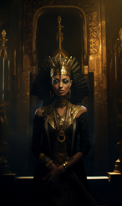 Full-scene portrait of Egyptian Bune wearing ornate egyptian headdress and with face tattoo standing in temple - version one