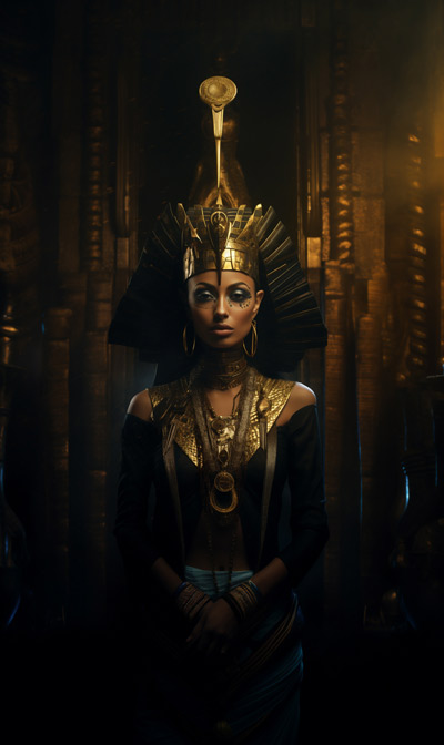 Full-scene portrait of Egyptian Bune wearing ornate egyptian headdress and with face tattoo standing in temple - version two