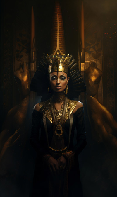 Full-scene portrait of Egyptian Bune wearing ornate egyptian headdress and with face tattoo standing in temple - version three