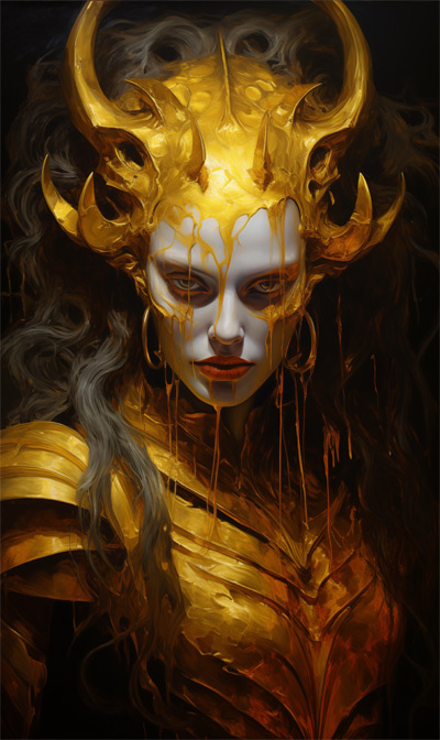 painting of Gold Bune in gold armour with fearsome molten gold infernal-style helmet