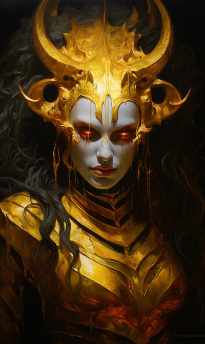 painting of Gold Bune in gold armour with fearsome molten gold infernal-style helmet and glowing red eyes
