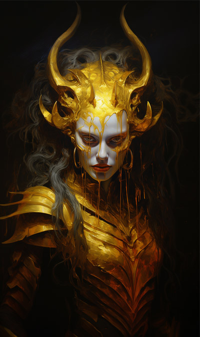 half-body painting of Gold Bune in gold armour with fearsome molten gold infernal-style helmet