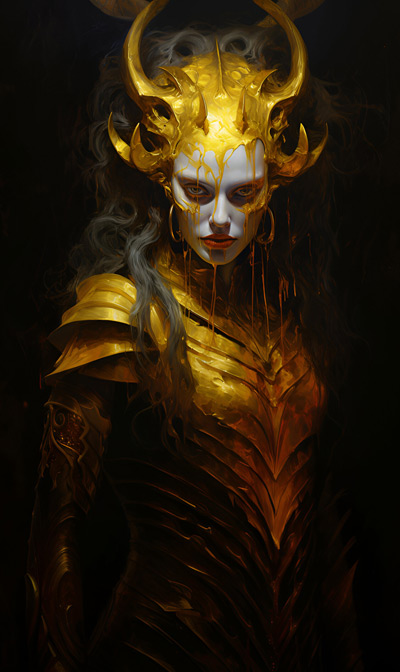 three-quarter body painting of Gold Bune in gold armour with fearsome molten gold infernal-style helmet