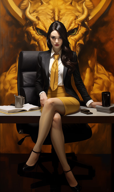 full-scene portrait of Gold Bune in an office setting with painting of golden dragon behind her
