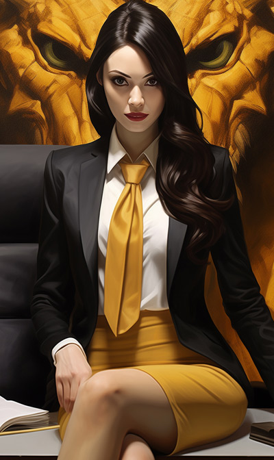 close-up portrait of Gold Bune in an office setting with painting of golden dragon behind her