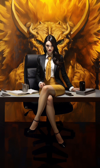 expanded scene portrait of Gold Bune in an office setting with painting of golden dragon behind her - alternative one
