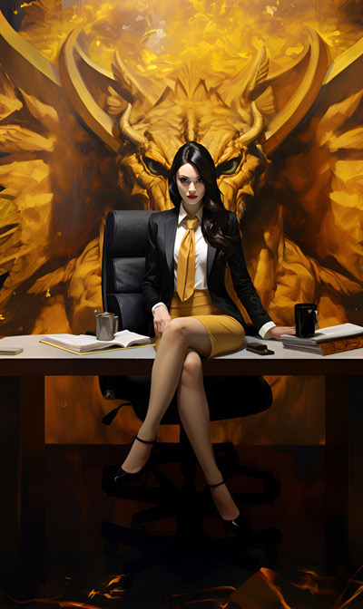 expanded scene portrait of Gold Bune in an office setting with painting of golden dragon behind her - alternative two