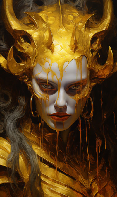 close up painting of Gold Bune in gold armour with fearsome molten gold infernal-style helmet
