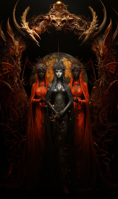 Group portrait of Midnight Bune with Her nursemaid assistants standing in front of an infernal portal