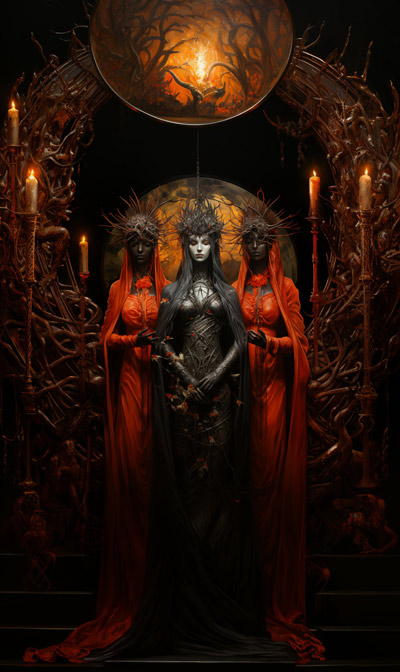 Group portrait of Midnight Bune with Her nursemaid assistants standing in front of an alternate infernal portal