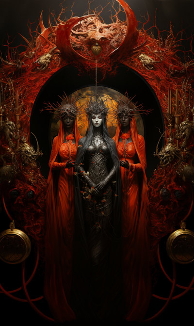 Group portrait of Midnight Bune with Her nursemaid assistants standing in front of a second alternate infernal portal