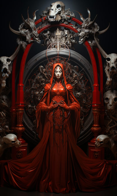Full-scene portrait of Red Bune under a bone arch and infernal seal