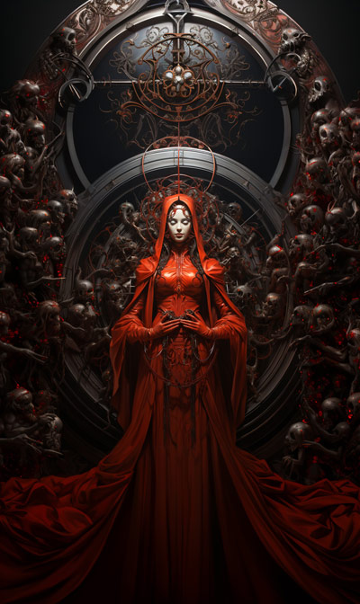 Full-scene portrait of Red Bune under a skeleton arch and infernal seal