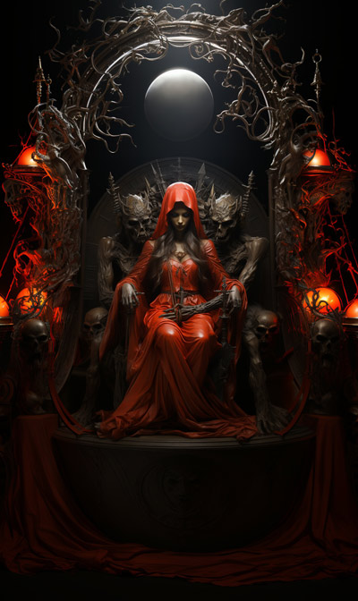 full-scene portrait of Red Bune on a living daemonic throne - first alternate