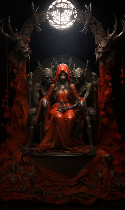 full-scene portrait of Red Bune on a living daemonic throne - second alternate