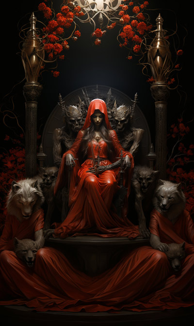 full-scene portrait of Red Bune on a living daemonic throne - third alternate